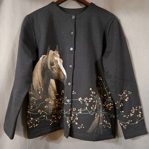 Artisans Andrea Schneeberg Horse Graphic Cardigan Sweatshirt Black Womens Large